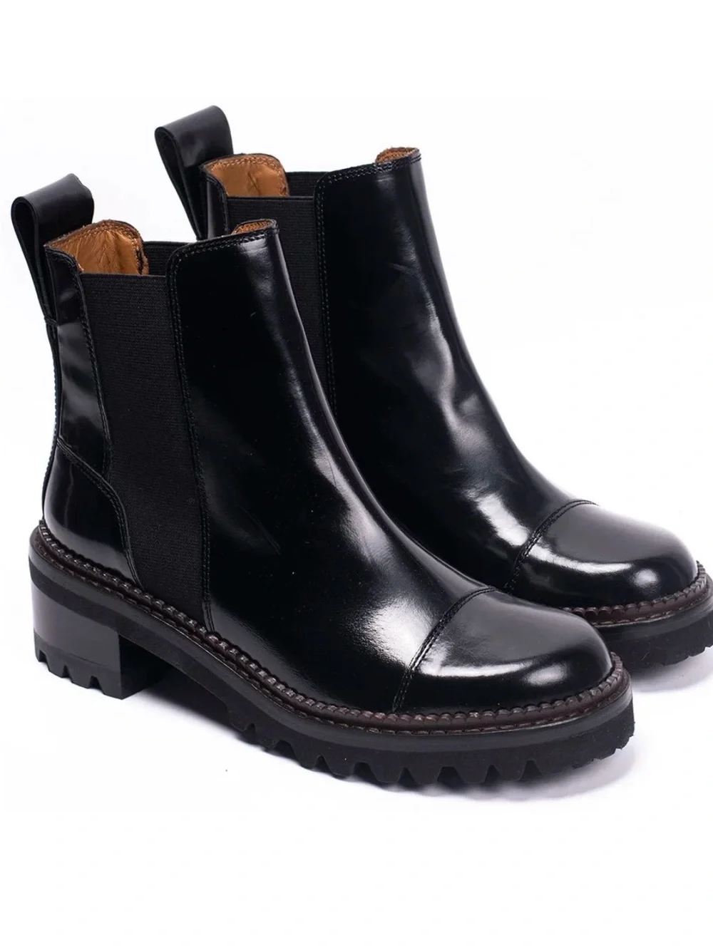 See By Chloé Mallory Glossed Leather Chelsea Ankle Boots Black 38.5 - Picture 1 of 11